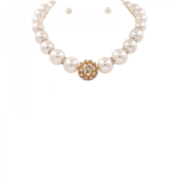 Metal Rhinestone Cream Pearl Necklace