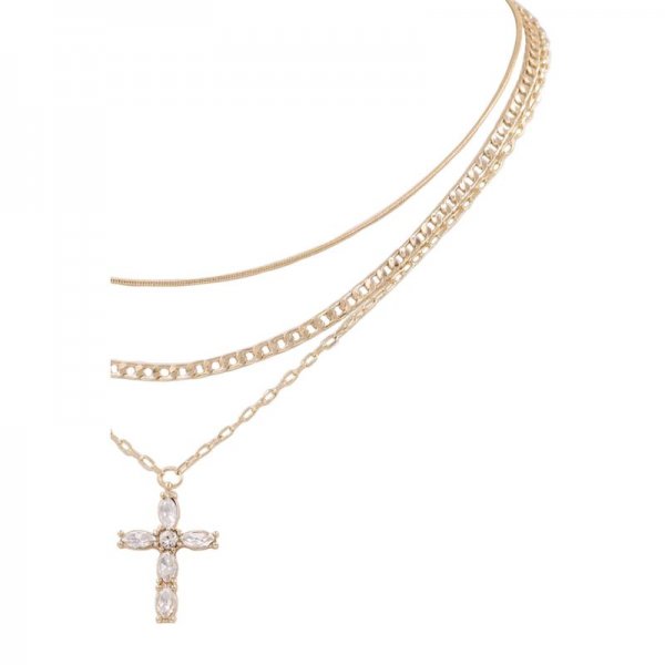 Metal Rhinestone Cross Layered Necklace