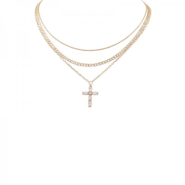 Metal Rhinestone Cross Layered Necklace